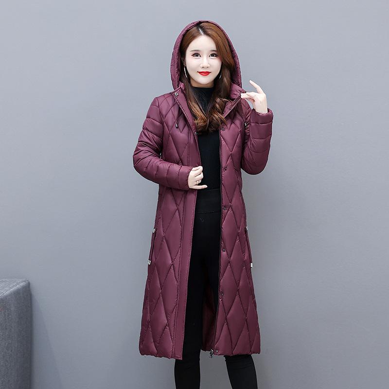 Cotton Padded Clothes: Women's Lingge Long, Knee Length, Light and Thin Down Cotton Padded Clothes, Women's Hooded Jacket, Slim In Winter