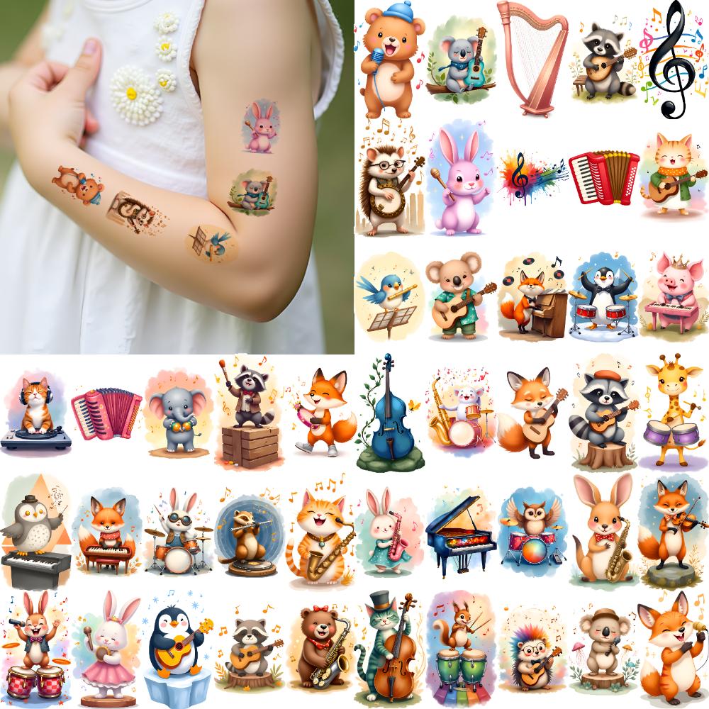 54pcs Temporary Tattoo Animal Musicians Cartoon Instrument Characters Temporary Tattoo Stickers For Children Cheeks Boys