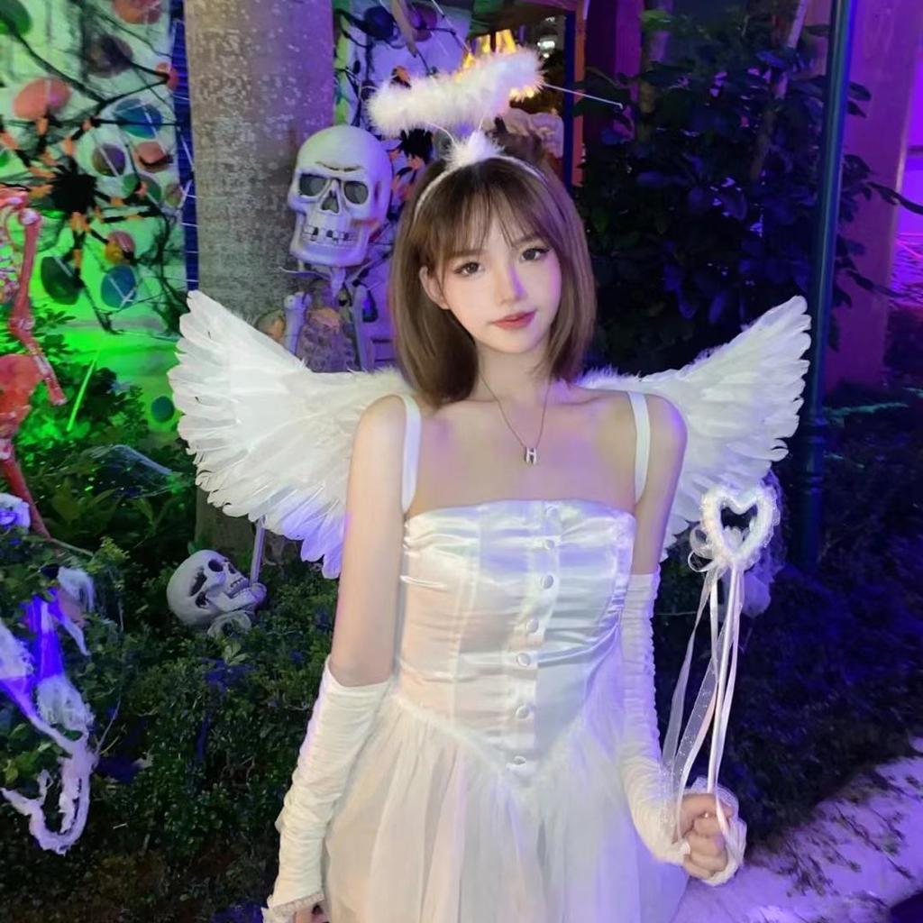 Engel Fee Flügel Cosplay: Weißes Federkostüm-Set für Damen - Perfekt für Halloween- und Weihnachtsdekoration.