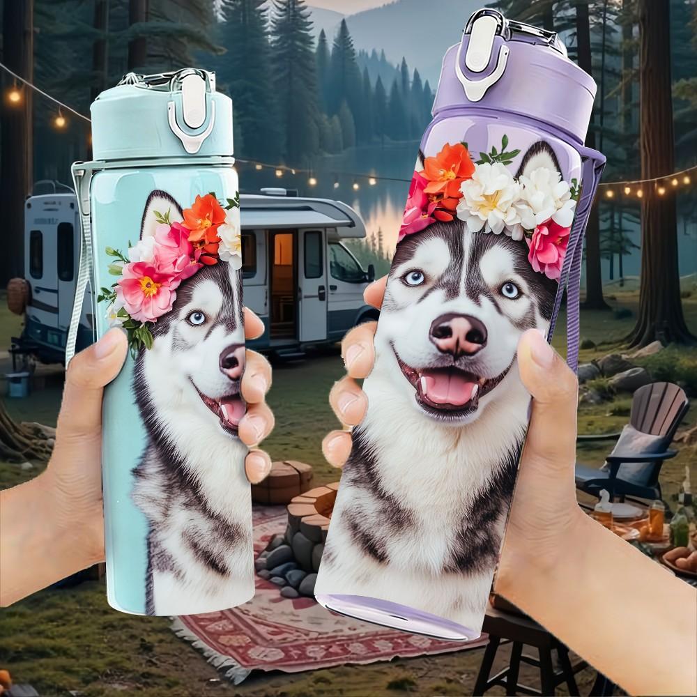 1PC Flower Crown Husky Dog Print 750ml Color Plastic Sports Water Bottle Leakproof Flip Straw Lid Suitable for Sports Office Home Use