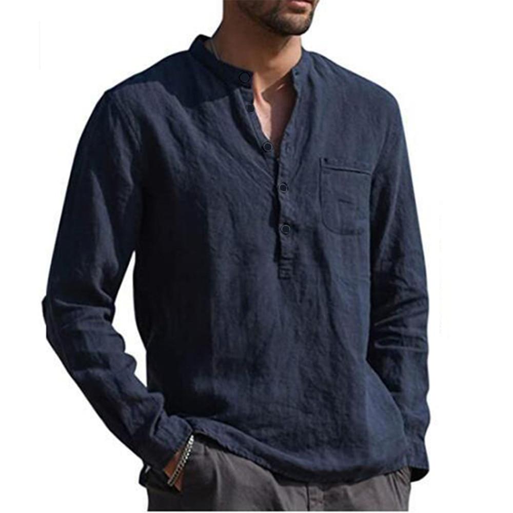 Cotton Linen Men's Long-Sleeved Shirts Summer Solid Color  Stand-Up Collar Casual Beach Style Plus Size