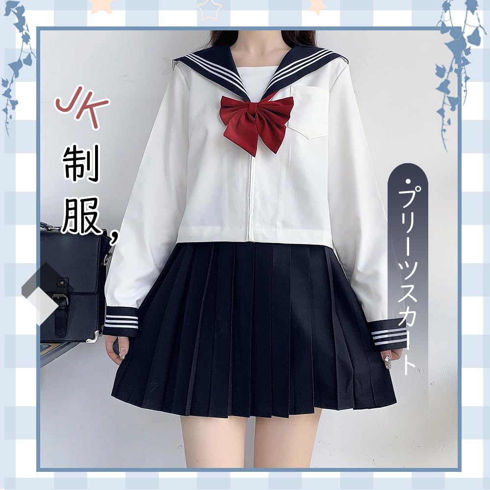 GSYCL Sailor Authentic Navy Blue with Red Long Short High School JK Pleated Traditional Perfect for Plus Cute Sleeve Size Uniform, Bow, Sleeves,