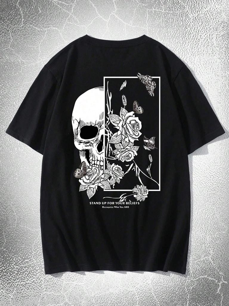 New Goth Men Cotton Butterfly & Skull Print Tee, School T-shirt Suitable for Men - Black Casual Short-sleeved Round-neck T-shirt