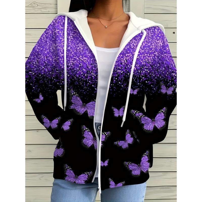 Hooded Zip-up Shirt for Women, with Purple Colorful Butterflies and Purple Dots Embellished with Sequins, Elegant and Beautiful Style S