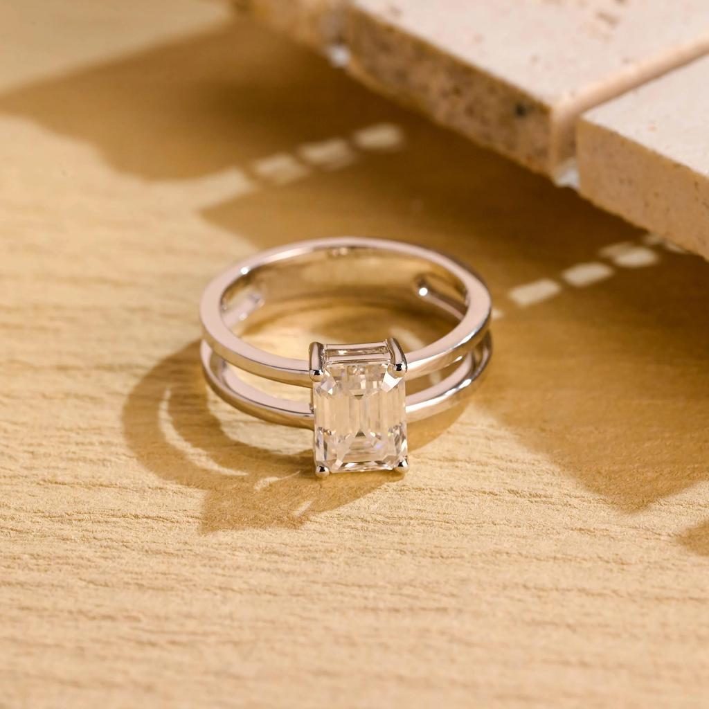 Emerald Cut Diamond Engagement Ring, Double Shank Minimalist Proposal Ring, Art Deco Bridal Ring, Anniversary Gift for Women