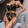 GZW Embroidered Flower Sheer Mesh Lingerie Set Women's Lace Breathable Gathered Underwire Big Bow Bra and Garter Panties Erotic Underwear