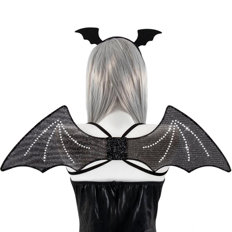 Halloween Wing Bats Wing with Headwear Set Vampires Costume Wing Bats Ears Headband Black Wing for Fancy Dress Parties