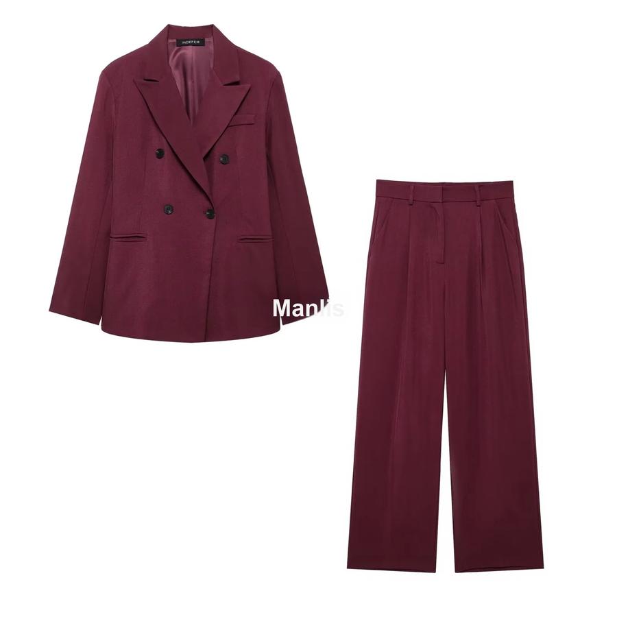 

Autumn New Women s Retro Loose Casual Double-Button Blazer Jacket Set with High Waist Straight Leg Pants L червоний