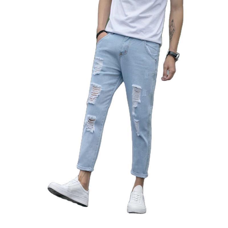 Herren Slim-Fit Nine-Point Jeans im Hong Kong-Stil, gewaschenes Weiß, zerrissen