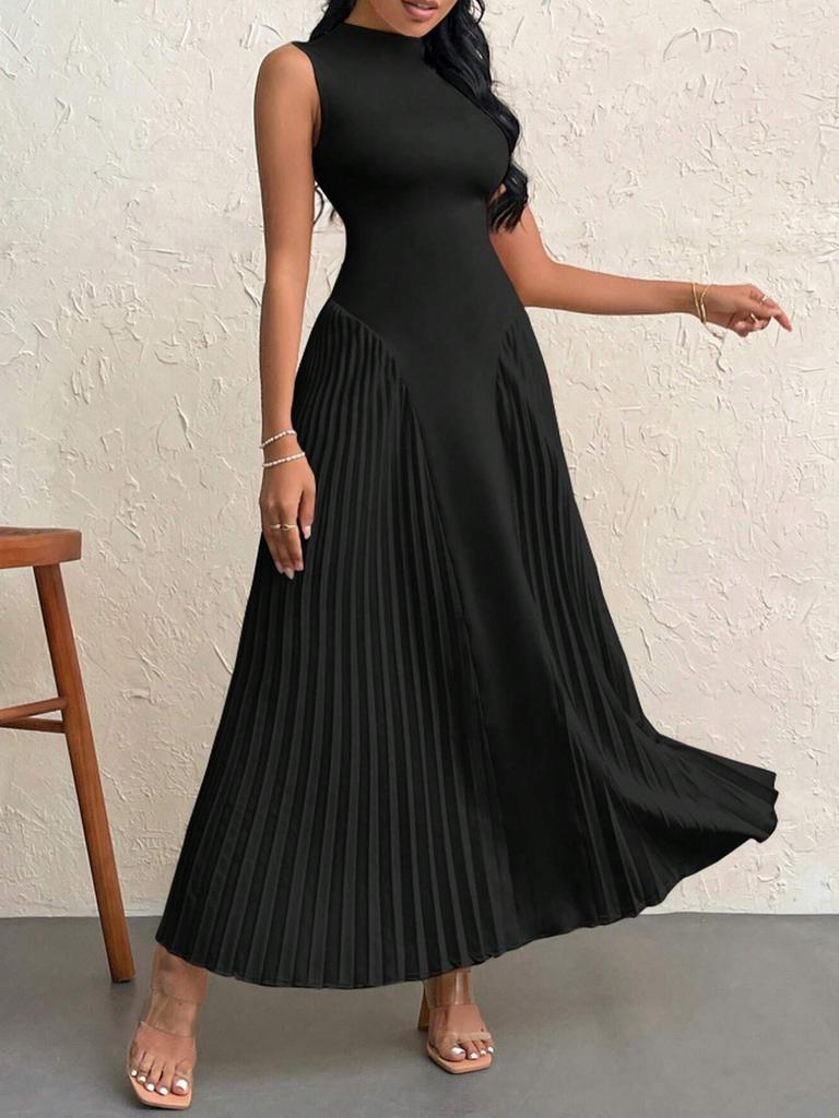Summer New Style Pleated Patchwork Long Dress Elegant Sleeveless Slim Fit Evening Gown Party Dress
