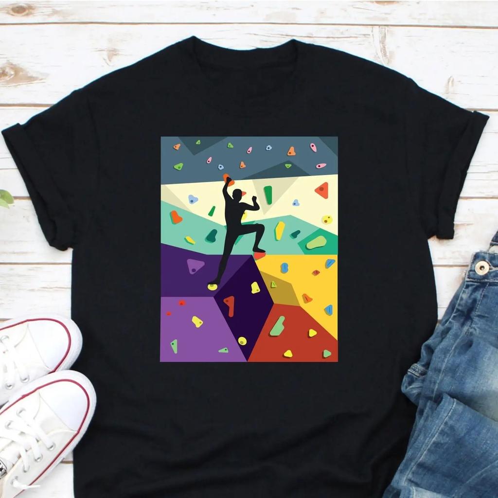 Colorful Geometric Indoor Bouldering T Shirt Rock Wall Climbing Casual For Climbers Mountaineering Vintage Washed Soft Graphic