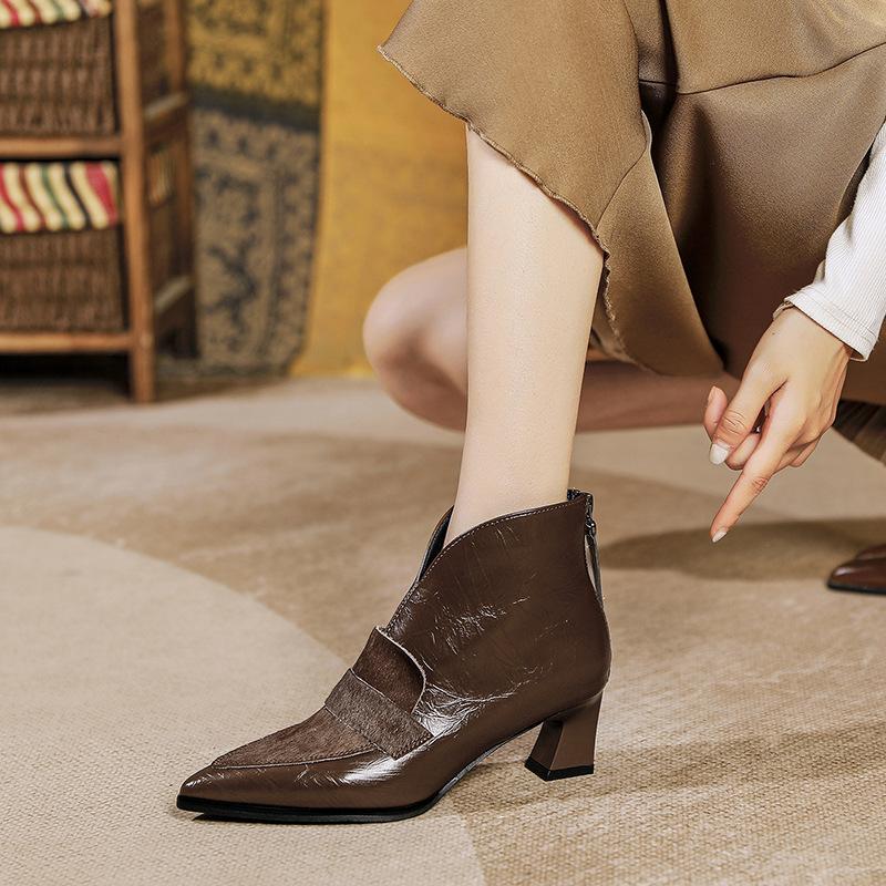 French Pointed Short Boots V-mouth Retro Leather Horsehair Splicing High-heeled Short Leather Boots Thick-heeled High-top Velvet Women's Shoes