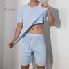 2 Teile/satz Männer Sport Trainingsanzug Rundhals Kurzarm T-shirt Elastische Taille Breite Bein Shorts Set Eis Seide Einfarbig Nachtwäsche Homewear