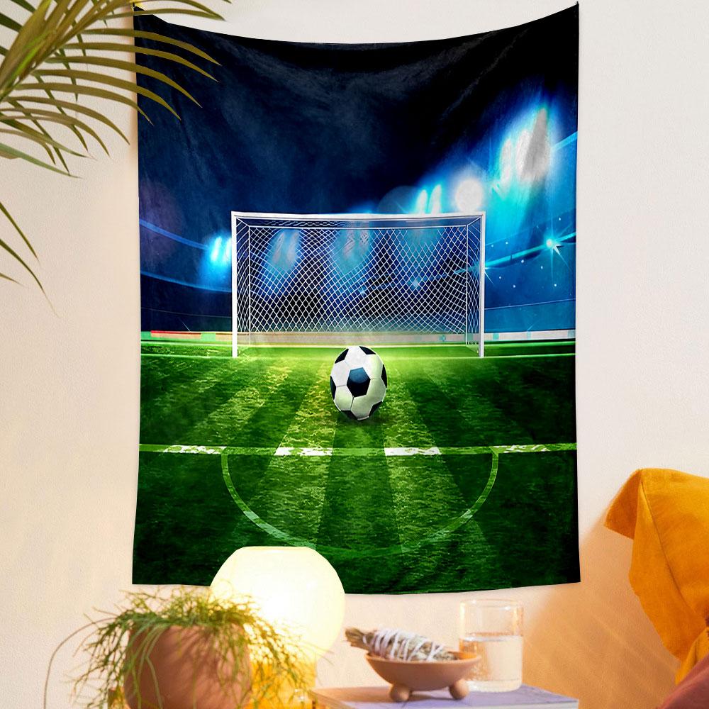 Soccer Ball and Goal on Stadium Field Patterned tapestry home decor, suitable for bedroom and living room, gift