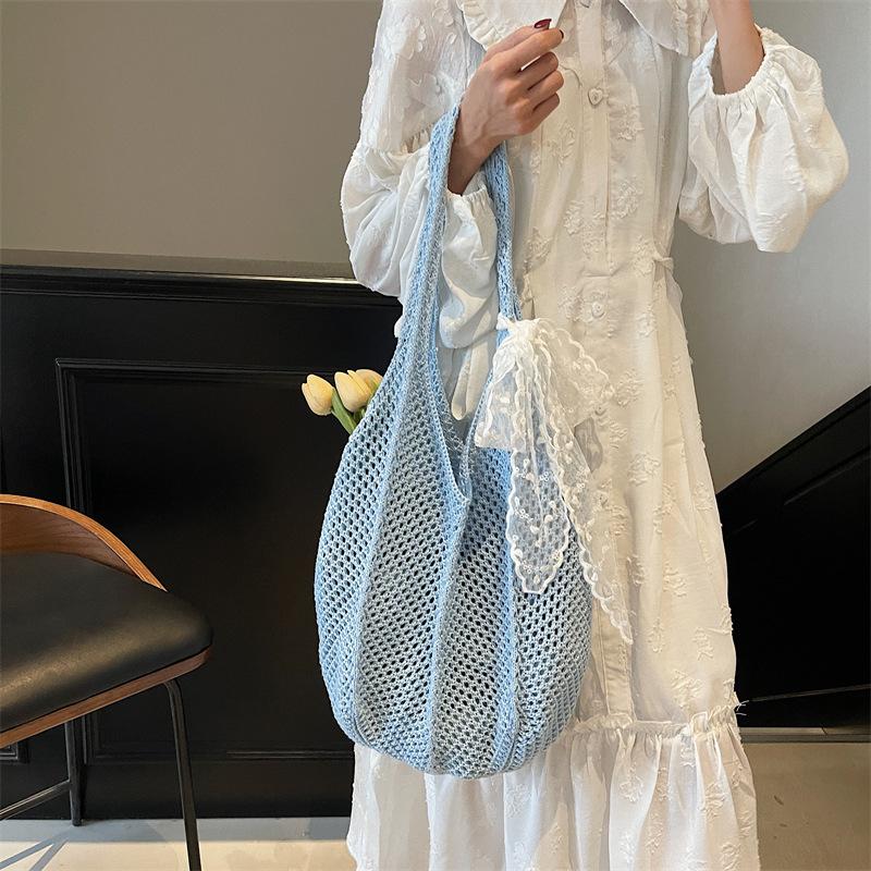 Women Crochet Tote Candy Bag Fashion Knitted Large Capacity Woven Shoulder Bags Solid Color Simple Shopping Bag for Summer Beach