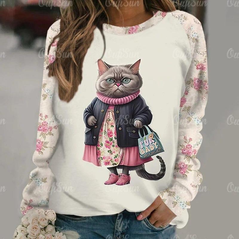 Mode Kawaii Katt Djur Tryck Långärmade T-shirts För Kvinnor Sweatshirts Dam Söt O-Hals Pullover Kvinna T-shirts Topp Kläder