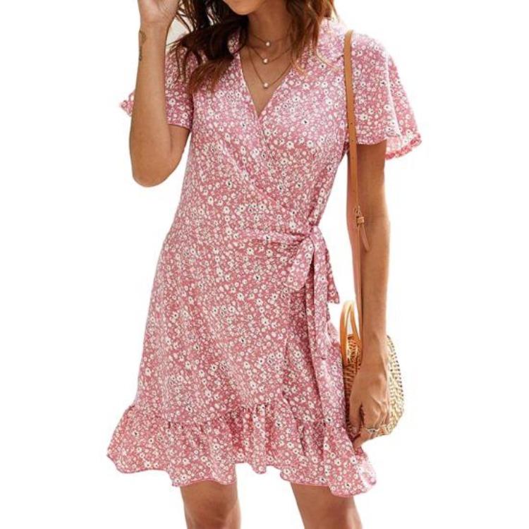 

Boho Floral Wrap Dress Summer Beach Sundress V Neck Short Sleeve Ruffled Hem Swing Dress for Women S розовый