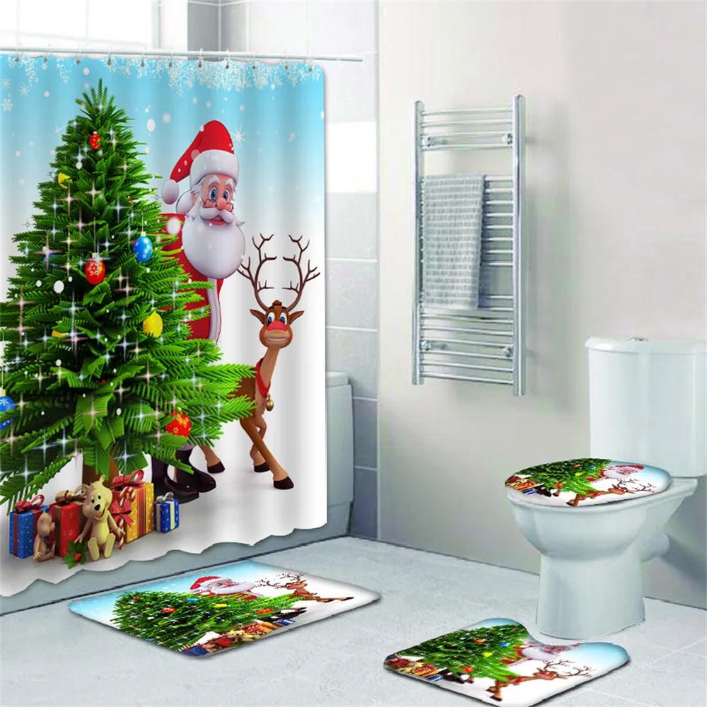 4pcs Merry Christmas Shower Curtain Polyester Shower Curtain Pedestal Rug Set Bathroom Decor Waterproof Curtain