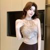 Hollow Splicing Lace Corset Hanging Neck Suspender Vest Fashion Halter Crop Tops  Women