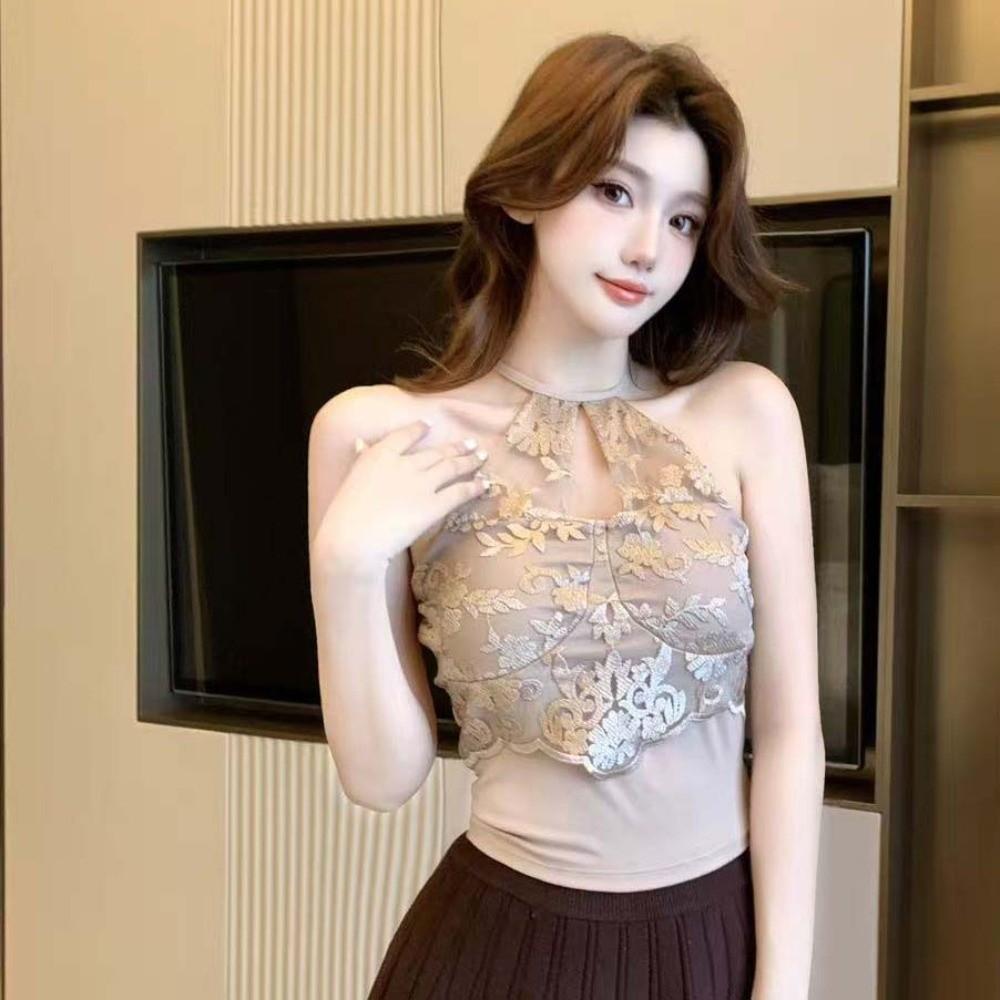 Hollow Splicing Lace Corset Hanging Neck Suspender Vest Fashion Halter Crop Tops  Women