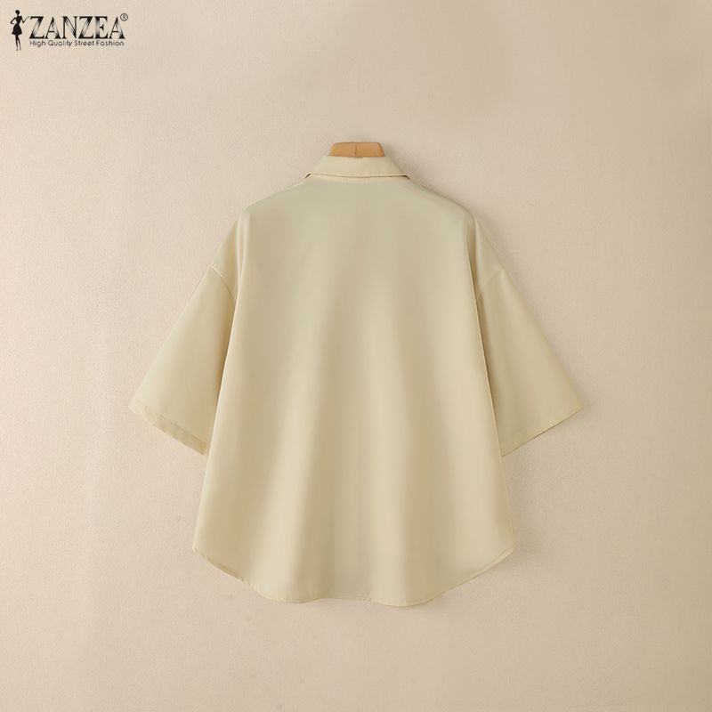 ZANZEA Women Casual Turn Down Collar Loose Patchwork Half Sleeve Blouse