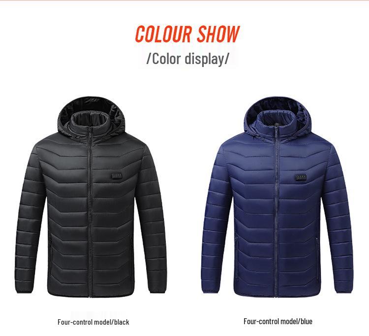 Neue beheizbare Baumwolljacke mit vier Zonen und Kapuze, warme elektrische Outdoor-Unisex-Jacke
