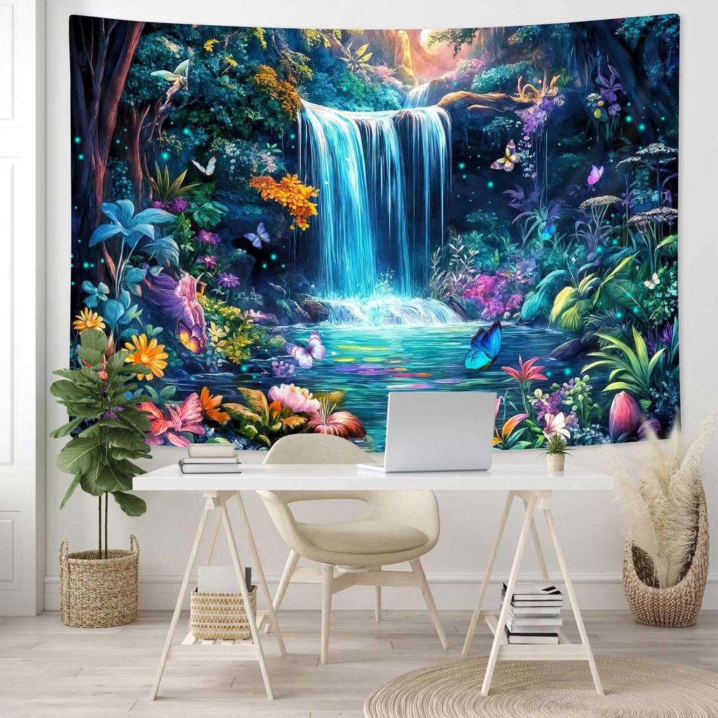 Arazzo Cascate Forestali Arazzi Paesaggio Naturale Arazzi Fiori Farfalle Piante Floreali Colorate Estetica Fantasy Muro