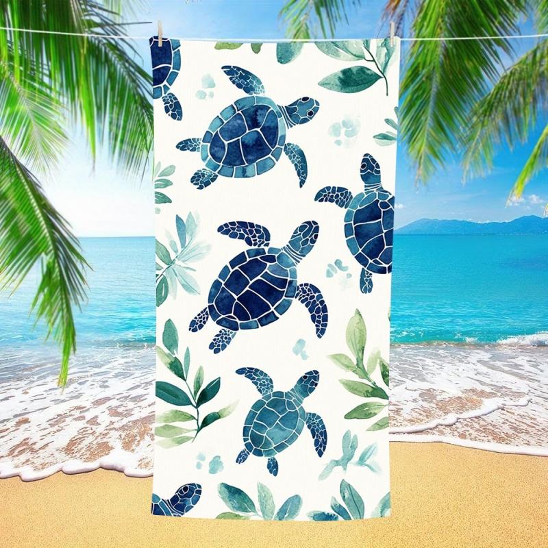 Azzurro Bianco Line Art Tartaruga Marina Delfino Corallo Telo da Spiaggia Asciugatura Rapida Anti-Sabbia Asciugamano Tema Marino Piscina Viaggio