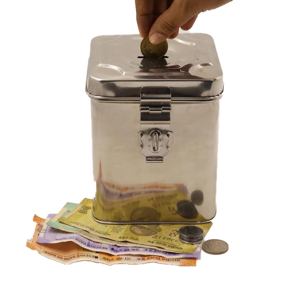 RSINC Stainless Steel Large Coin Box | Antique Piggy Bank & Money Organizer |  Elegant Silver Gullak for Coins & Savings | Pc-1 O Steel Large Coin Box