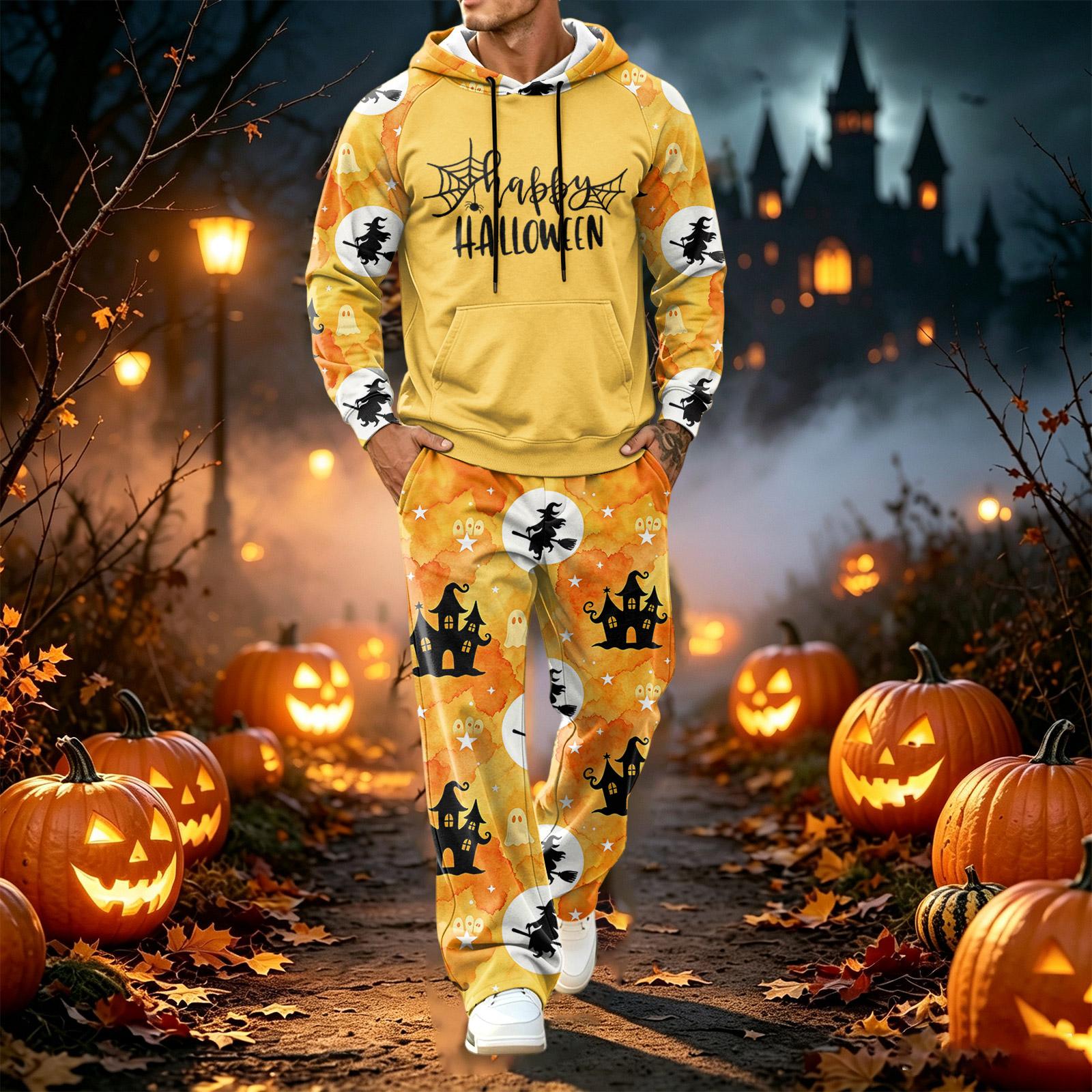 Men s Halloween Print Long Sleeve Hoodie and Jogger Pants 2-Piece Sweatsuit Set S