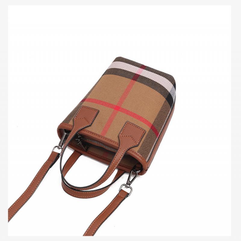 Vertical Square Bag Women Canvas Plaid Leather Handbag Shoulder Crossbody Bag Casual Commuter Tote Dark Brown