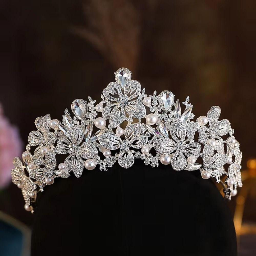 

Rhinestone Luxury Beads Crown Water Drop Pendant Silver Bride Headpiece Women Headdress Wedding Style 1