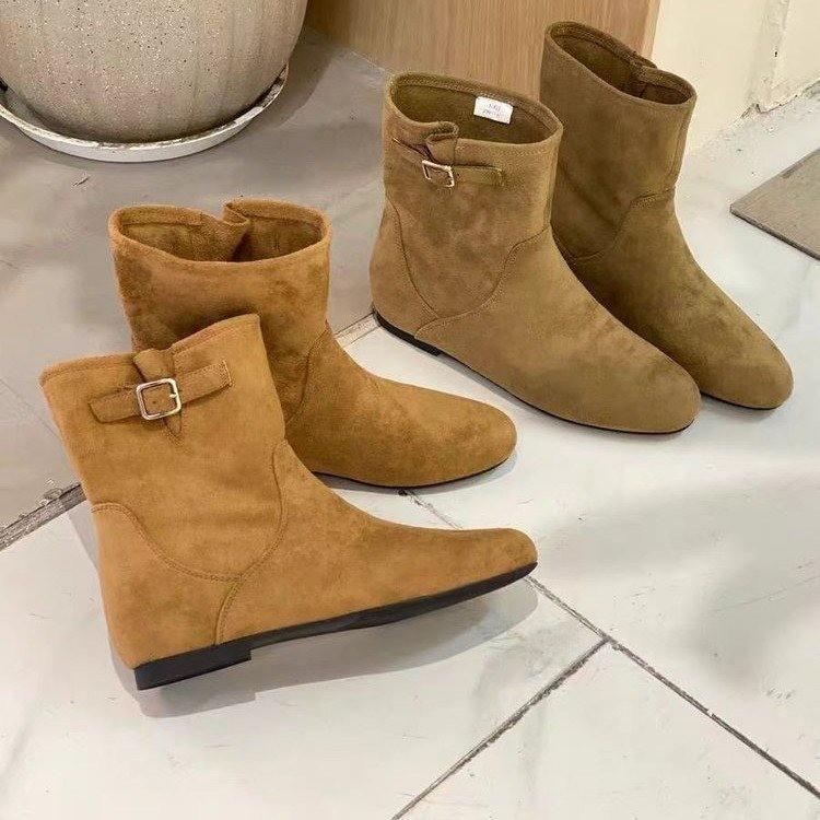 Cow suede retro interior height increasing versatile short boots for women's fashion fashion boots 2025 new round toe slim boots