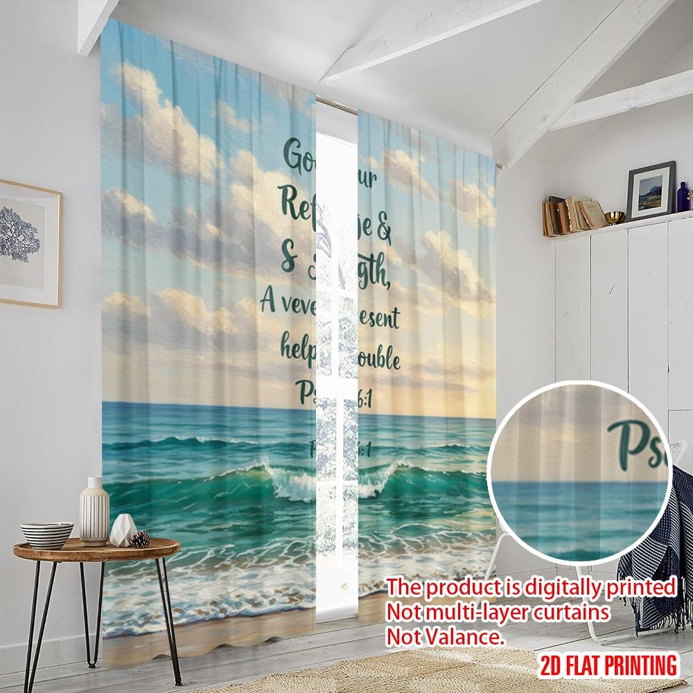 2pcs 2D Flat Printing Drapes Ocean Beach Waves God Refuge Strength Polyester Without Electricity 0 Use for Holiday Family