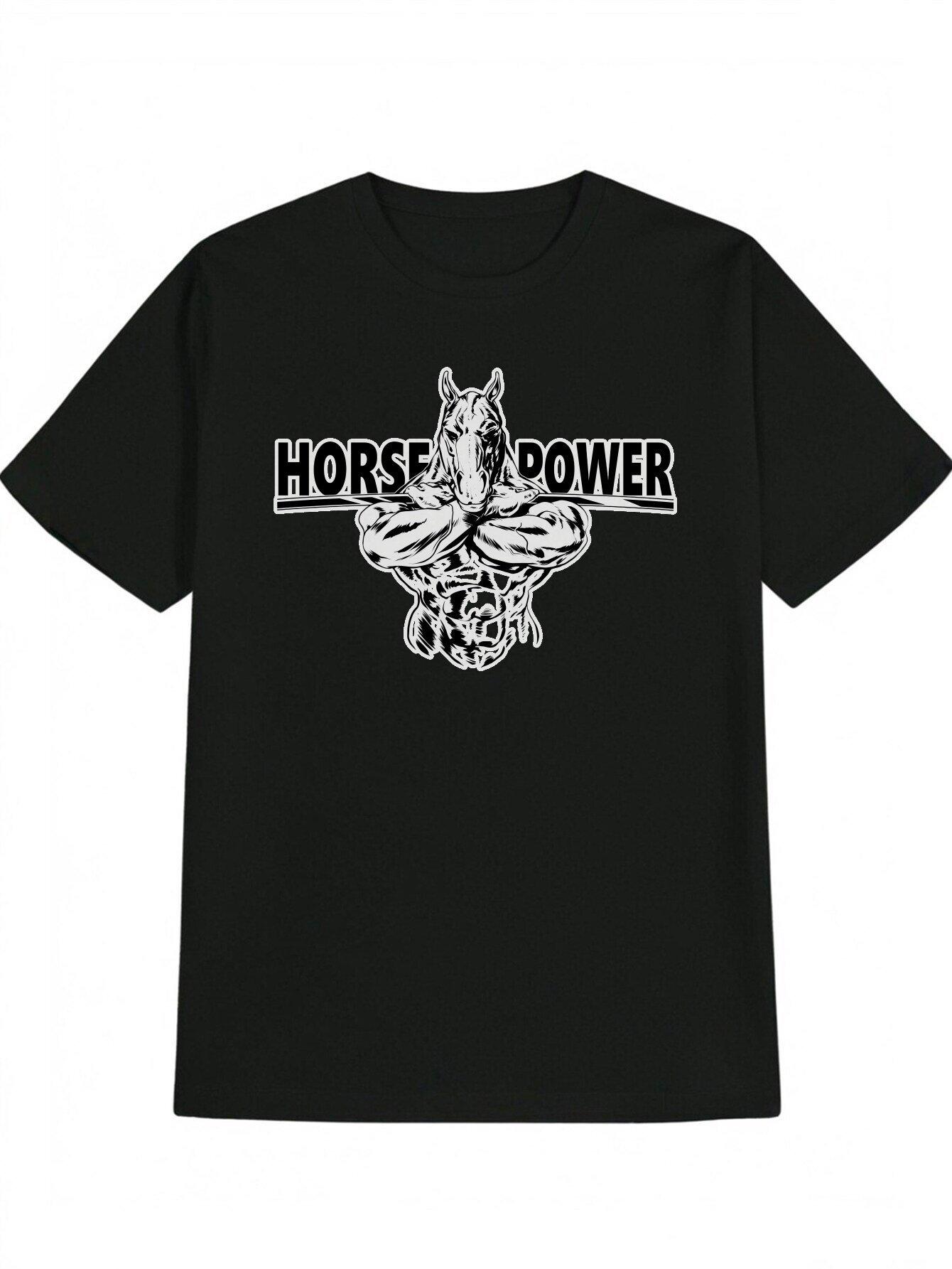 

Horse Power Graphic Tee - Humorous Vintage-Inspired Black Short Sleeve T-shirt with Muscular Horse Design S