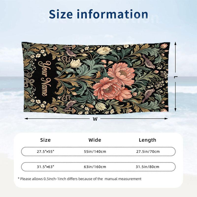 Floral Elegance Card 2 Theme Quick Dry Beach Towel Custom Name Text Print Large Sand Resistant Towel Beach Vacation