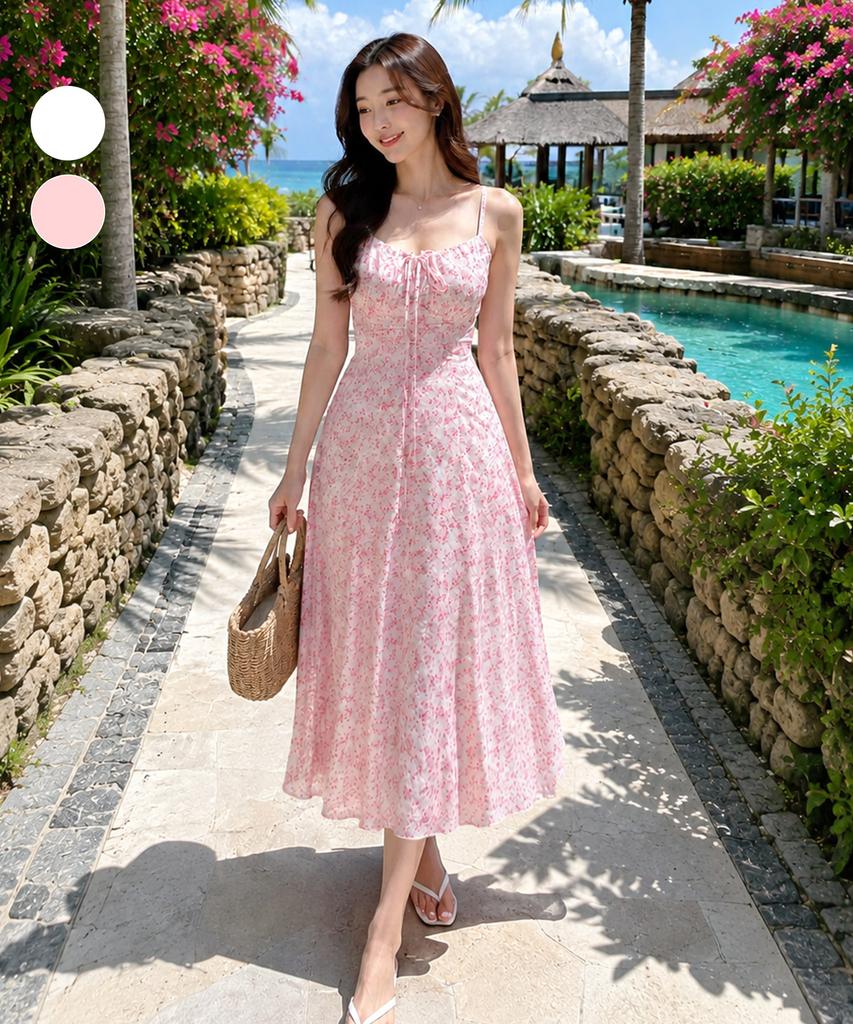 Helingbon Women'S Floral Shirred Sleeveless Long Dress Hi183