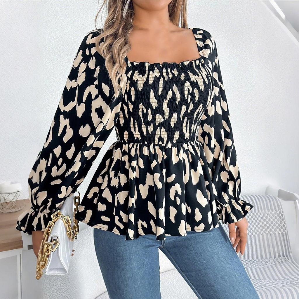 Herbst- und Winter Damen Casual Rüschen Quadratkragen Leopardenmuster Langarm Chiffonbluse