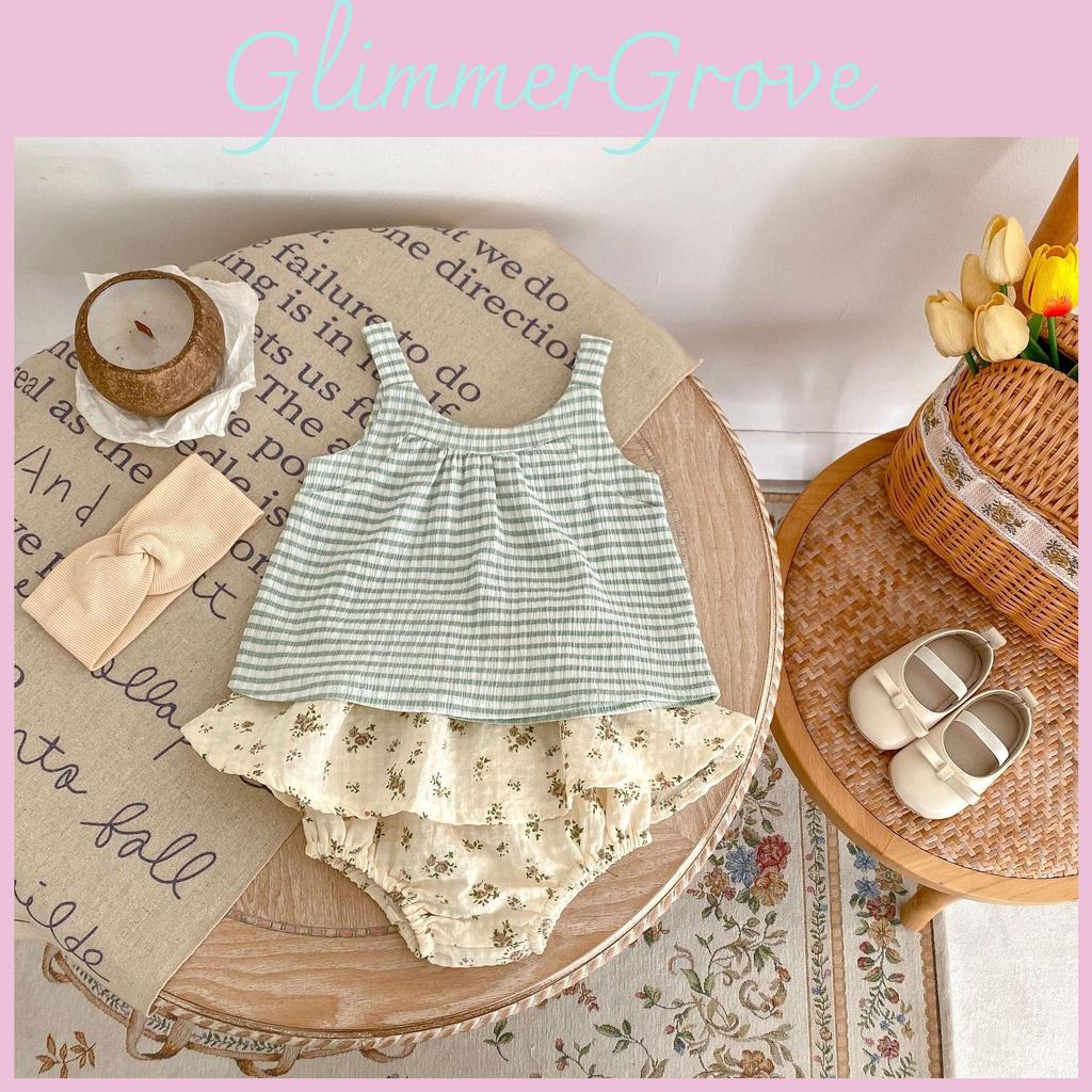 New 2024 Summer Baby Girl Cute Fresh Checkered Tank Top And Floral Skirt Shorts Set