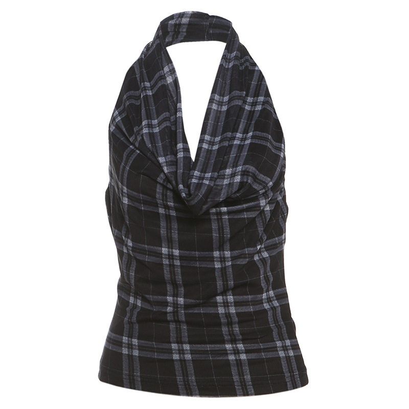 

Cross-Border European and American Style 2025 Spring New Women s Fashion Simple Halter Neck Backless Design Plaid Sleeveless Tank Top Black S