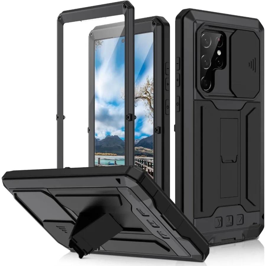 Für Samsung S22 Plus S22 Ultra Hülle Robuster Aluminium-Metallständer mit Displayschutz Stoßfeste Abdeckung Schraubenstoßstange