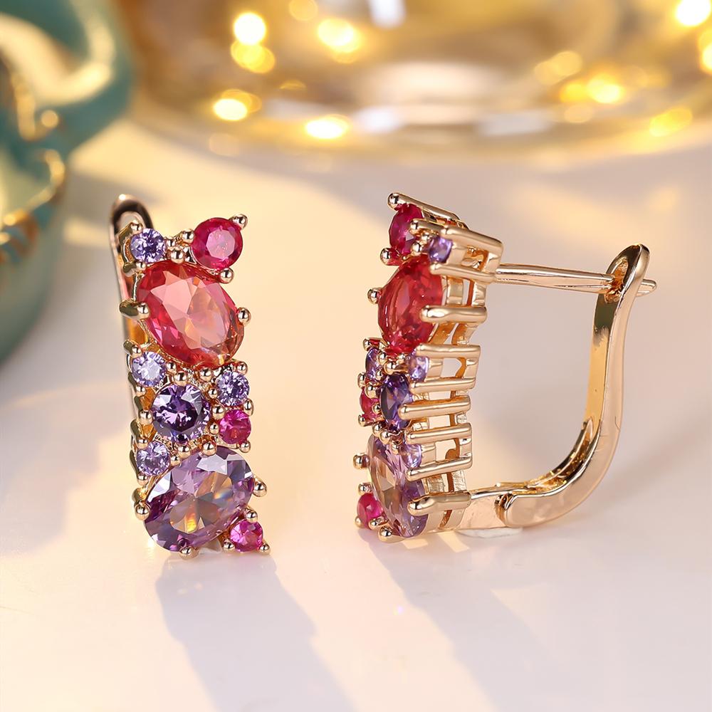 Vintage Rose Red Purple Zircon Earrings for Women Gold Color Ethnic Wedding Party Daily Accessories Jewelry