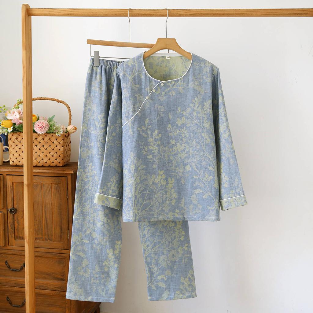 2026 New Spring and Autumn Women's Pajama Set 100% Cotton Gauze New Chinese Style Diagonal Collar Home Furnishing Set Sleepwear