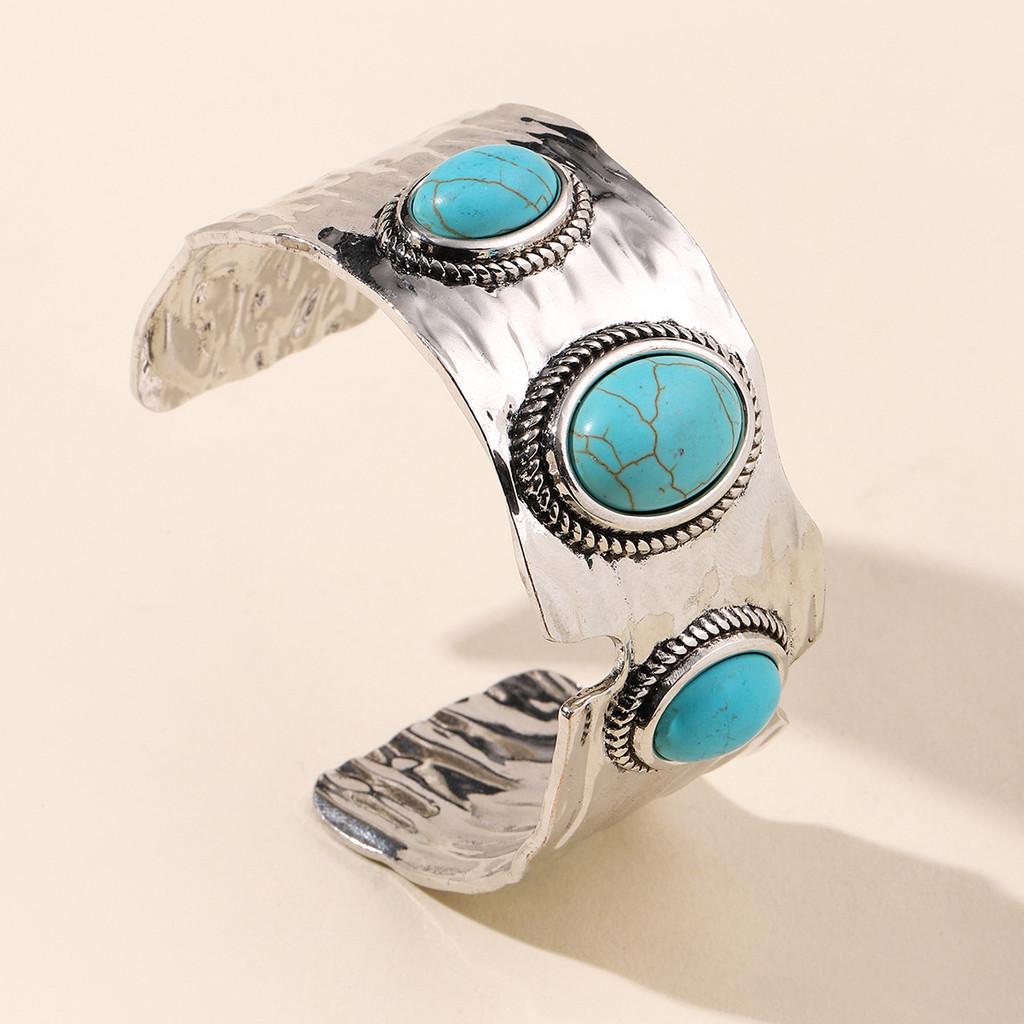 Ethnic Style Alloy Hand Jewelry With Turquoise Open Wide Bracelet For Women