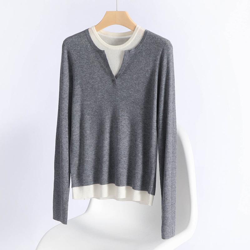 Women's 60s Fine Wool Color Block Sweater, Slim Fit, Elastic Round Neck, Fake Two-Piece Knitwear for Spring & Autumn