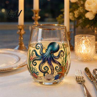 Ocean Turtle Pattern Cup Hand Painted Glass Tumbler Egg Shaped with Gold Rim Clear Lead-Free Thick Bottom Stable Mug for Tea Coffee Wine Juice Cold
