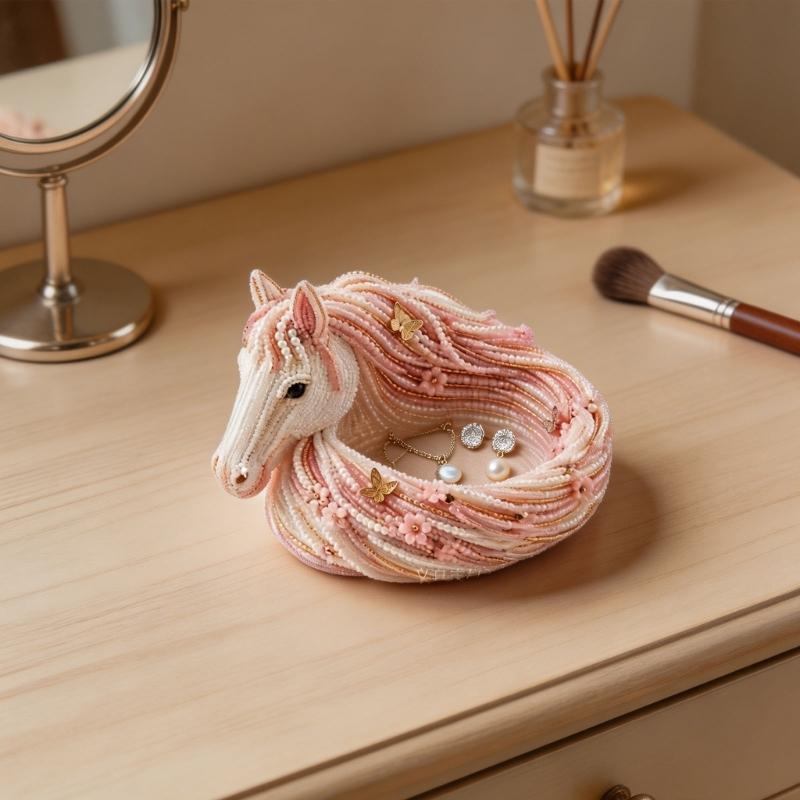 Horse Head Shape PET Jewelry Tray Pink White Textured PET Desktop Organiser for Earrings Necklaces and Small Accessories, Desktop Dish for Dresser