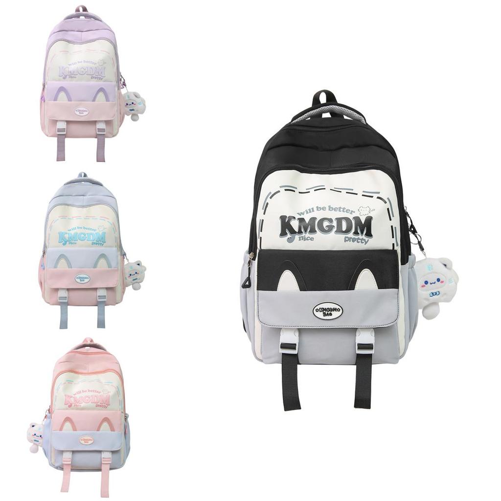 Letter Printed Cat Ears Design Student Backpack With Pendant For Daily Use