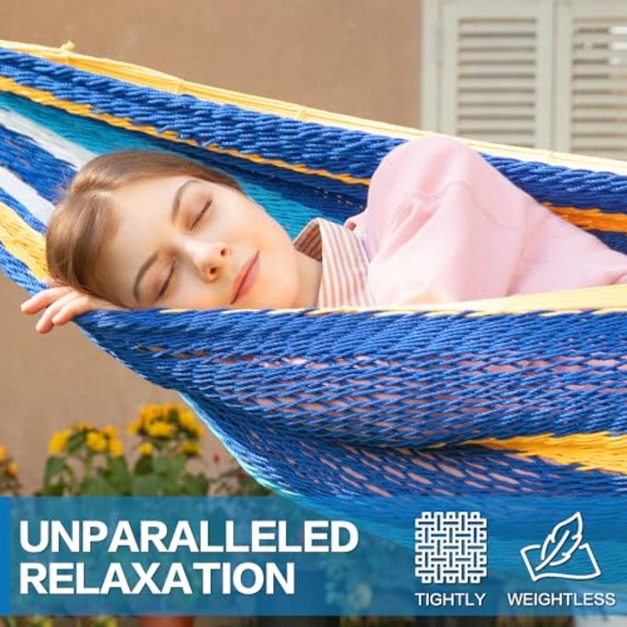 Handwoven Mayan Hammock Thick Soft Rope Double Hammock for Outdoor Outside Indoor 600 lbs Capacity Heavy-Duty Includes Tree Str