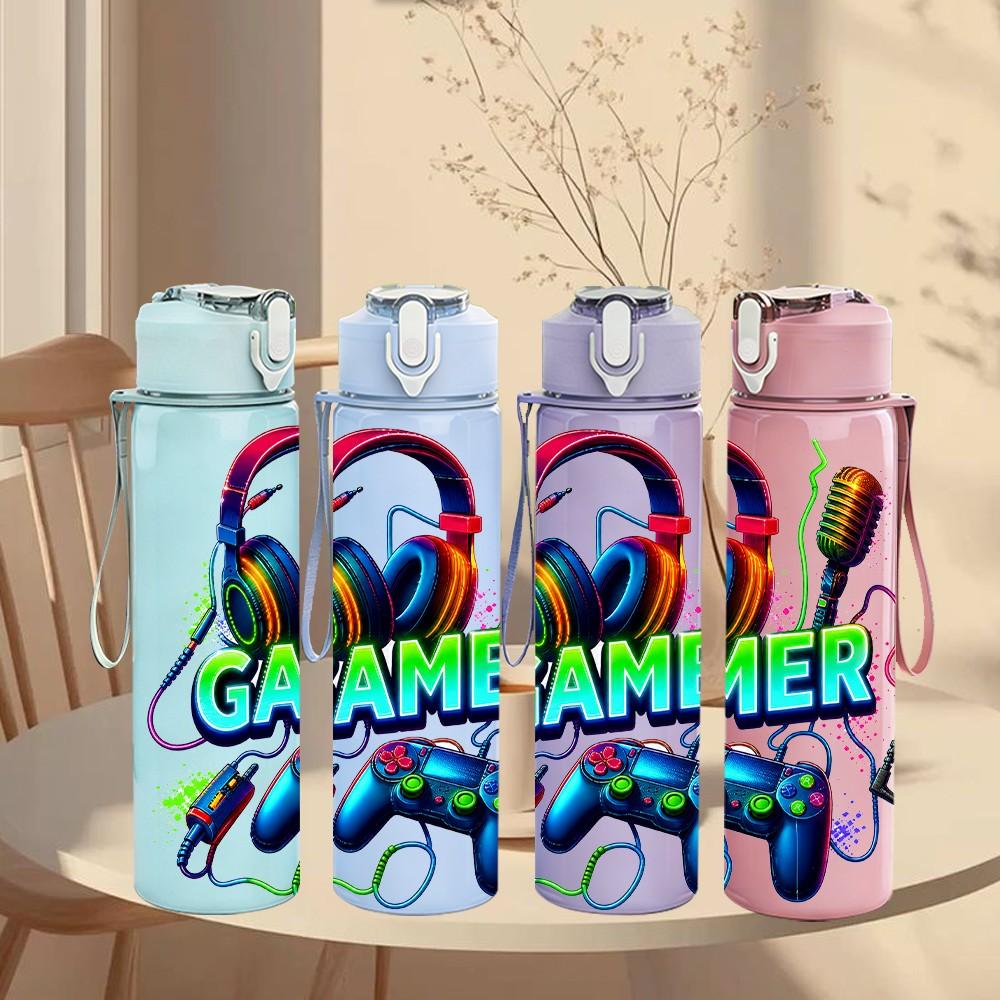 1PC Gamer Headphone Graphic 750ml Color Plastic Sports Water Bottle Leakproof Flip Straw Lid Suitable for Sports Office Home Use